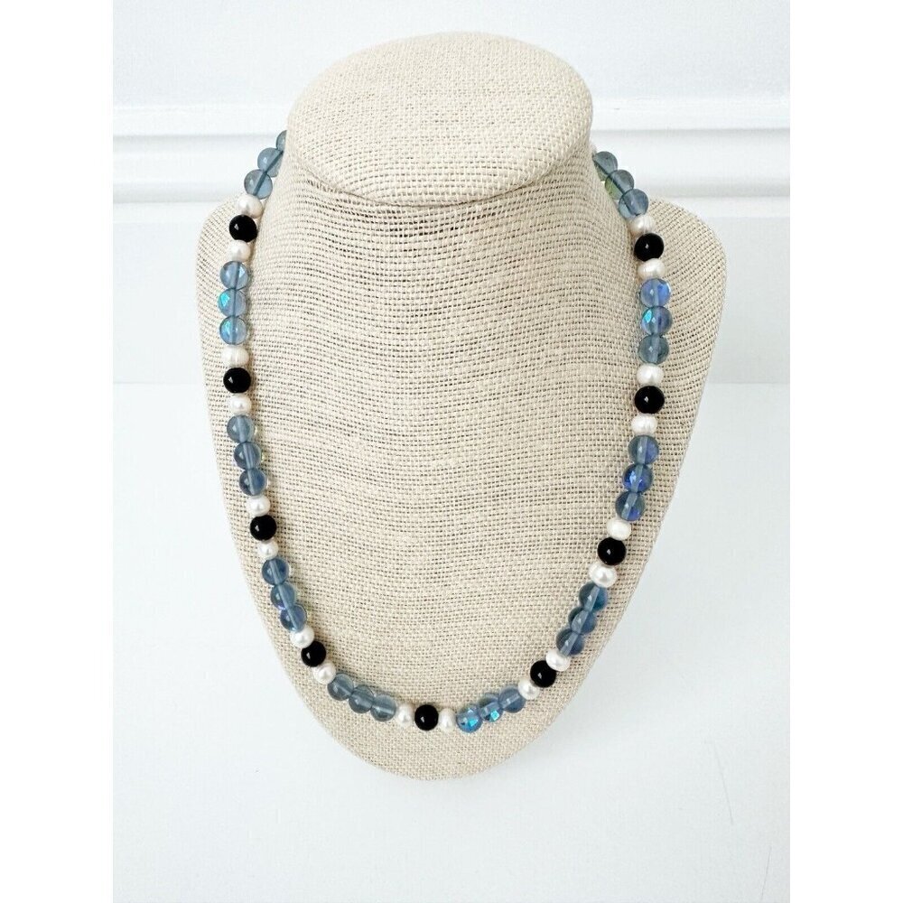 NWT Genuine Rainbow Labradite, Black Onyx & White Pearls Necklace Beaded Blue